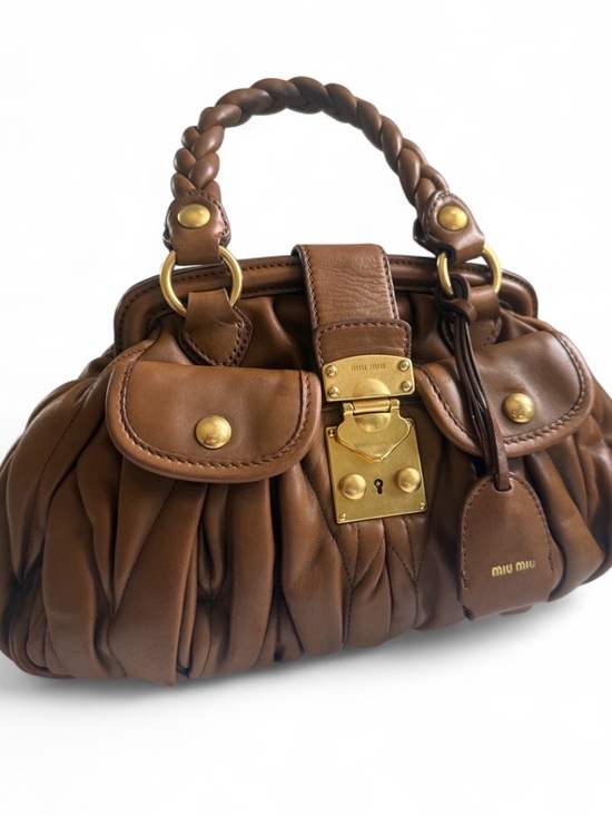 Miu Miu Handbags - Miu Miu Cognac Brown Ruched Leather Satchel with Braided Handles